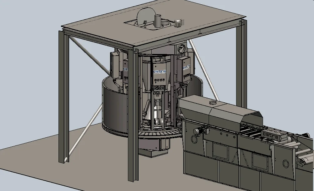 3D-Modell einer Rundpackmaschine mit Sackaustrag